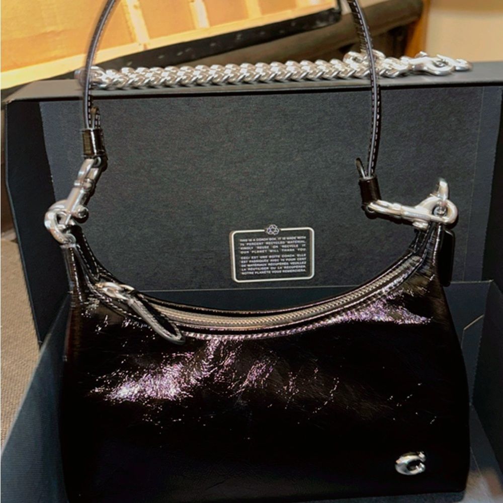 Coach Shiny Black Shoulder Bag with Silver Details